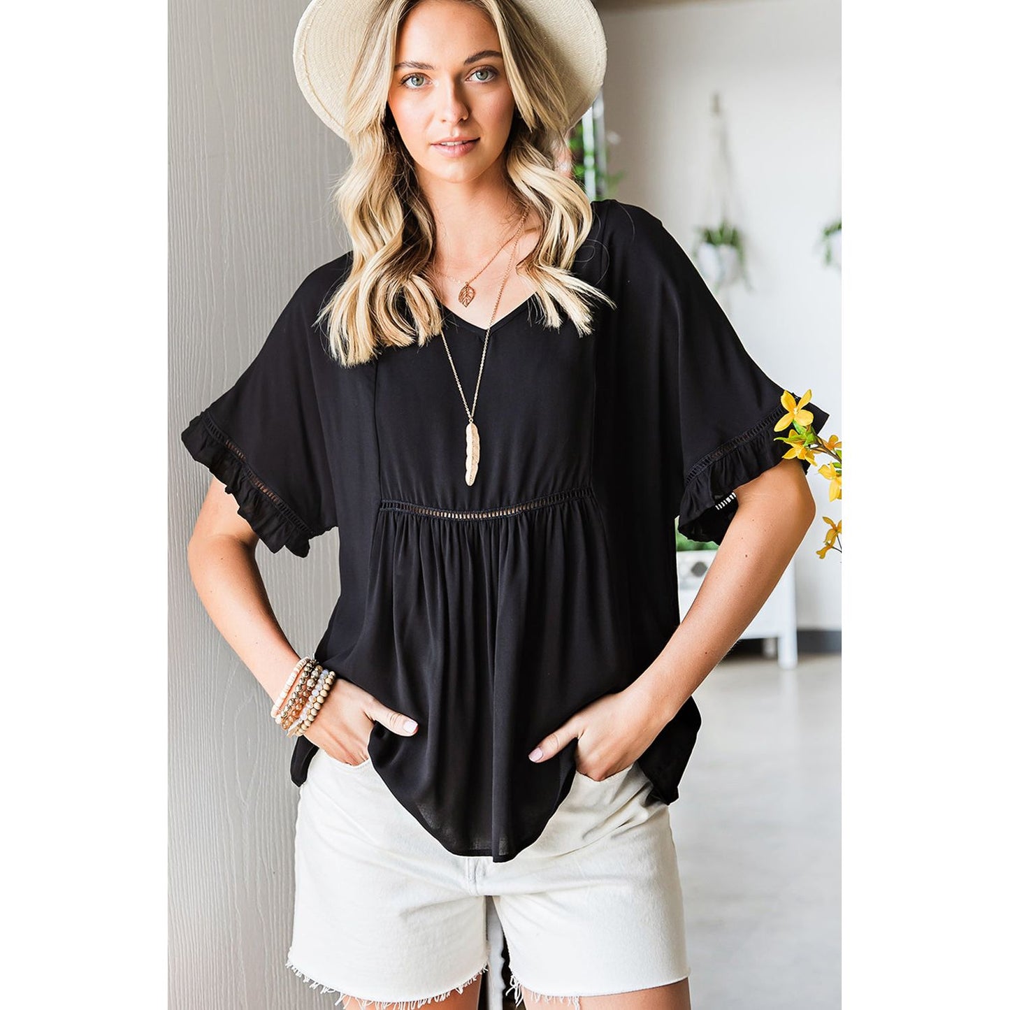 V-Neck Flounce Sleeve Babydoll Blouse