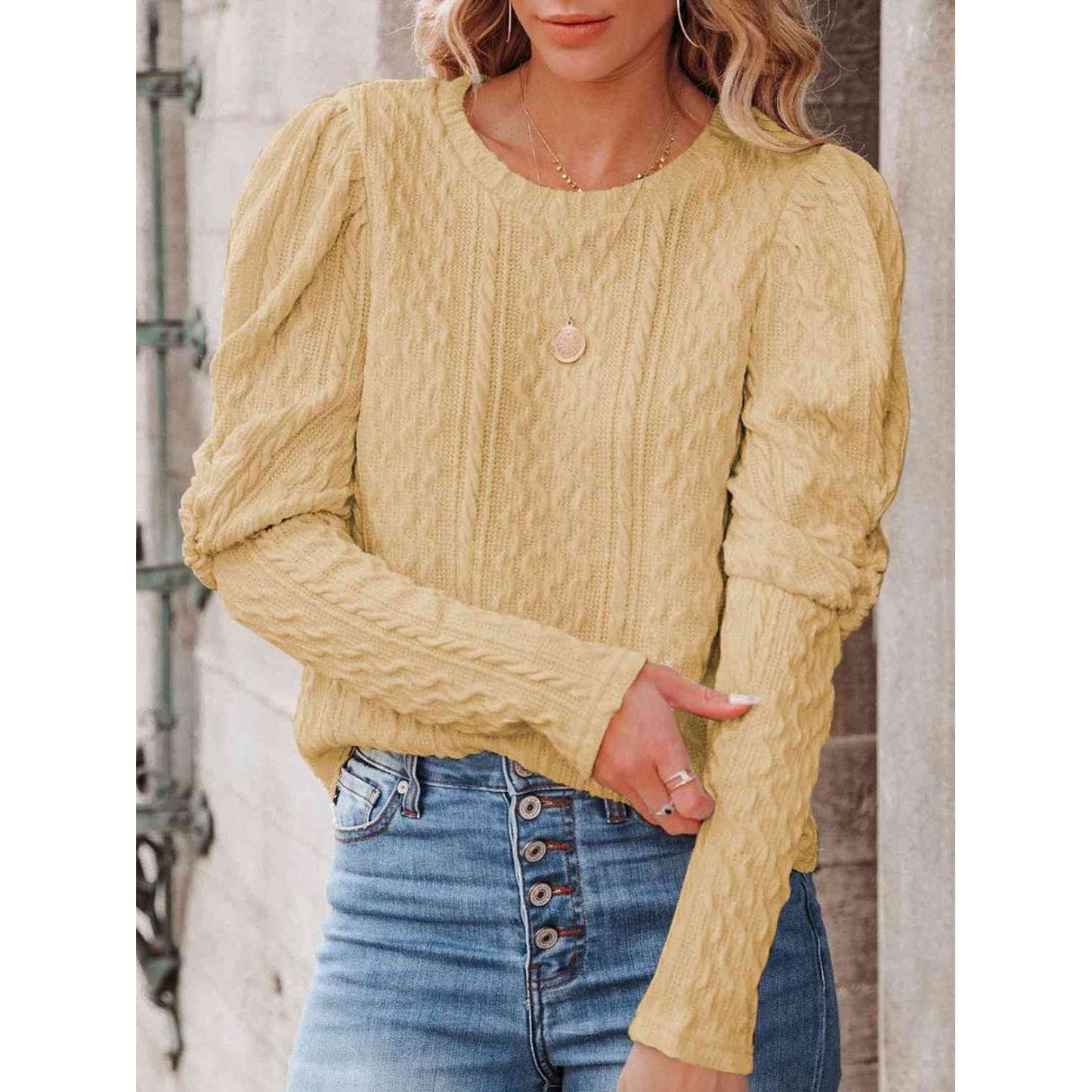 Round Neck Puff Sleeve Knit Top