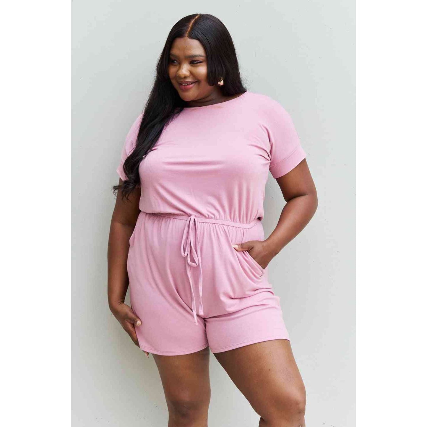 Zenana Chilled Out Full Size Short Sleeve Romper in Light Carnation Pink