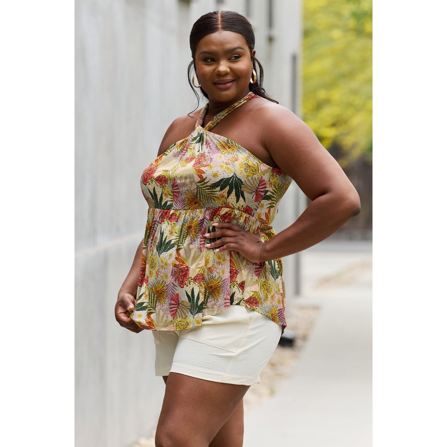Be Stage Full Size Floral Halter Top in Green
