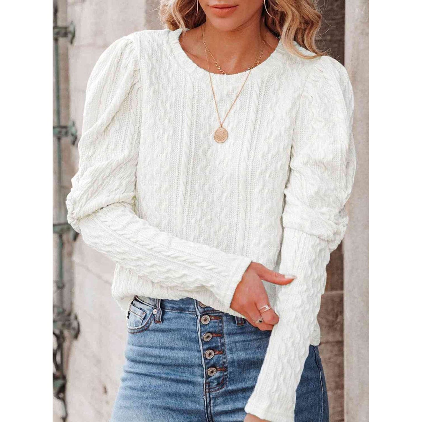 Round Neck Puff Sleeve Knit Top
