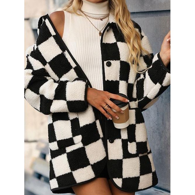 Double Take Full Size Checkered Button Front Coat with Pockets