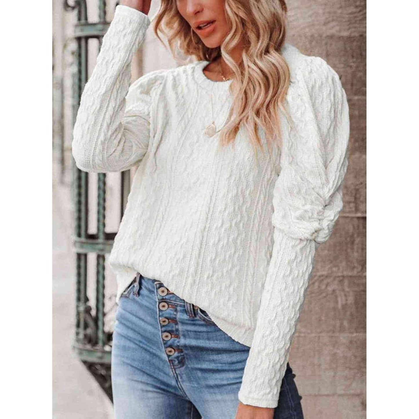 Round Neck Puff Sleeve Knit Top