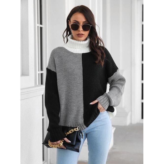 Contrast Turtleneck Long Sleeve Sweater