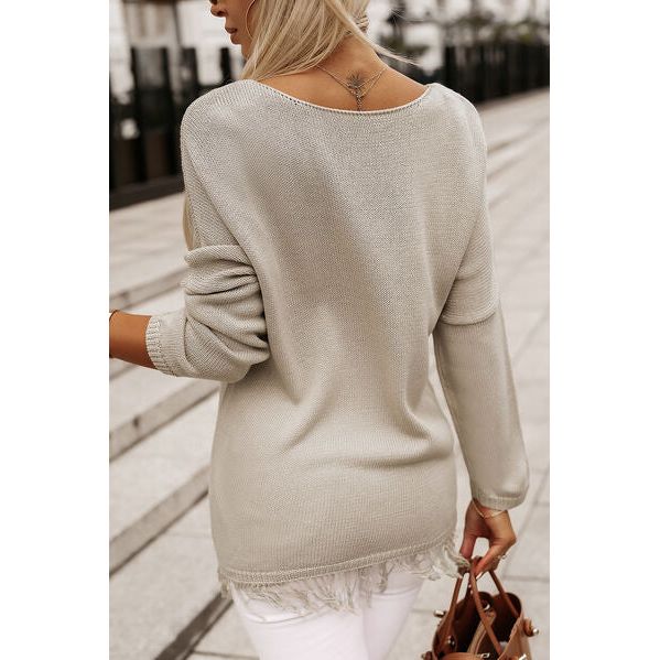 Fringe Trim V-Neck Pullover Sweater