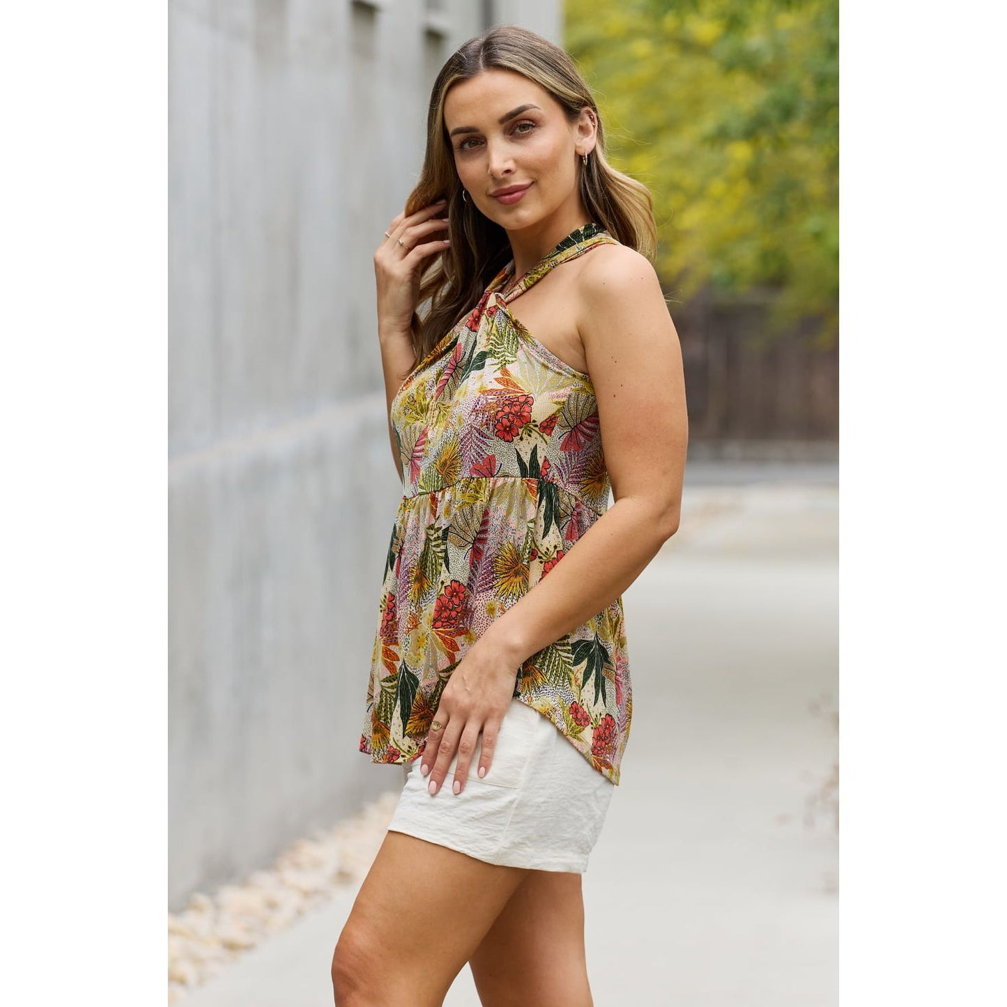 Be Stage Full Size Floral Halter Top in Green