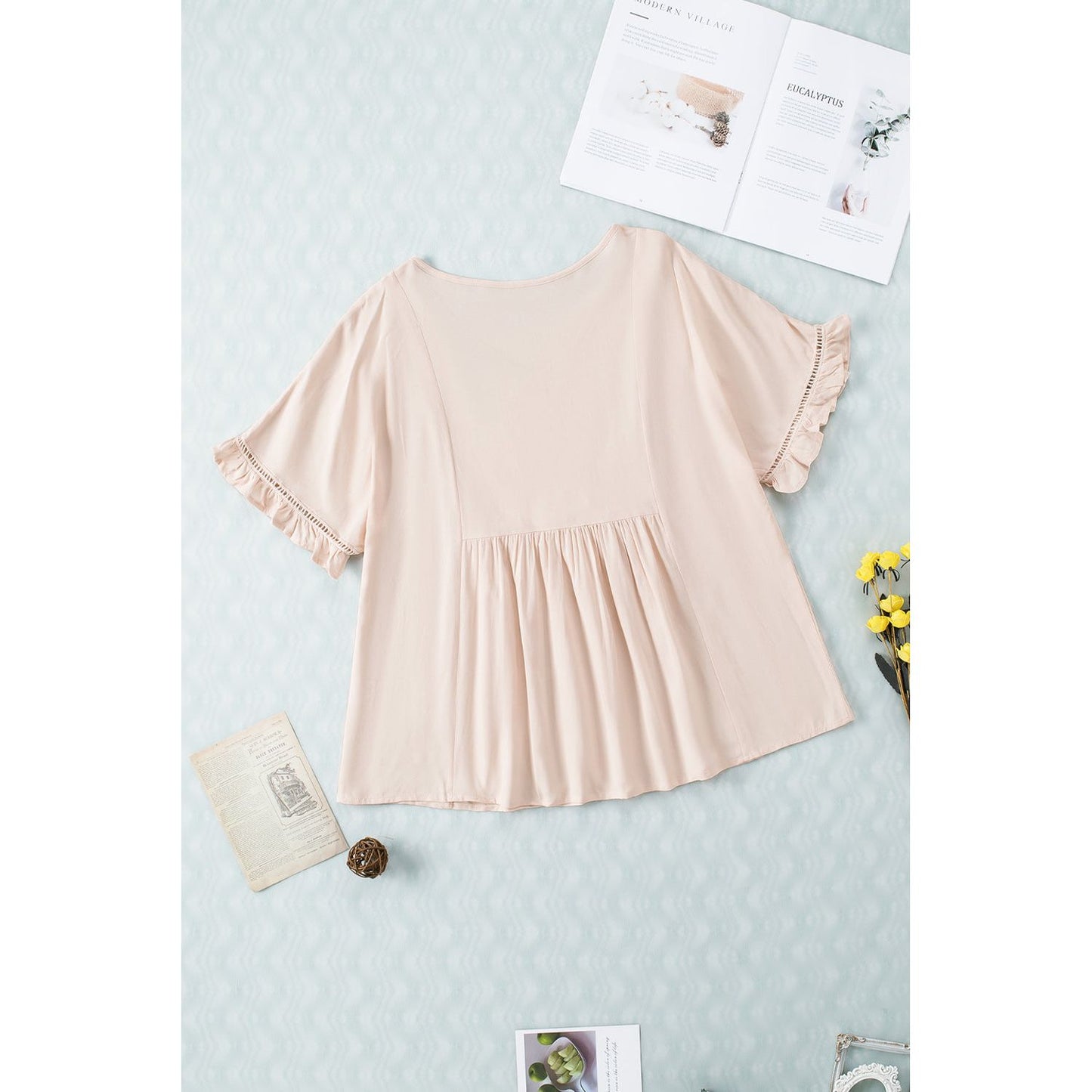 V-Neck Flounce Sleeve Babydoll Blouse