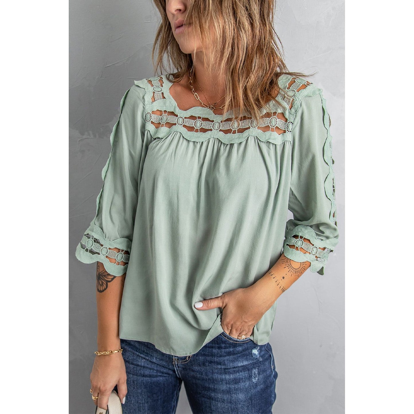 Crochet Trim Cutout Babydoll Blouse