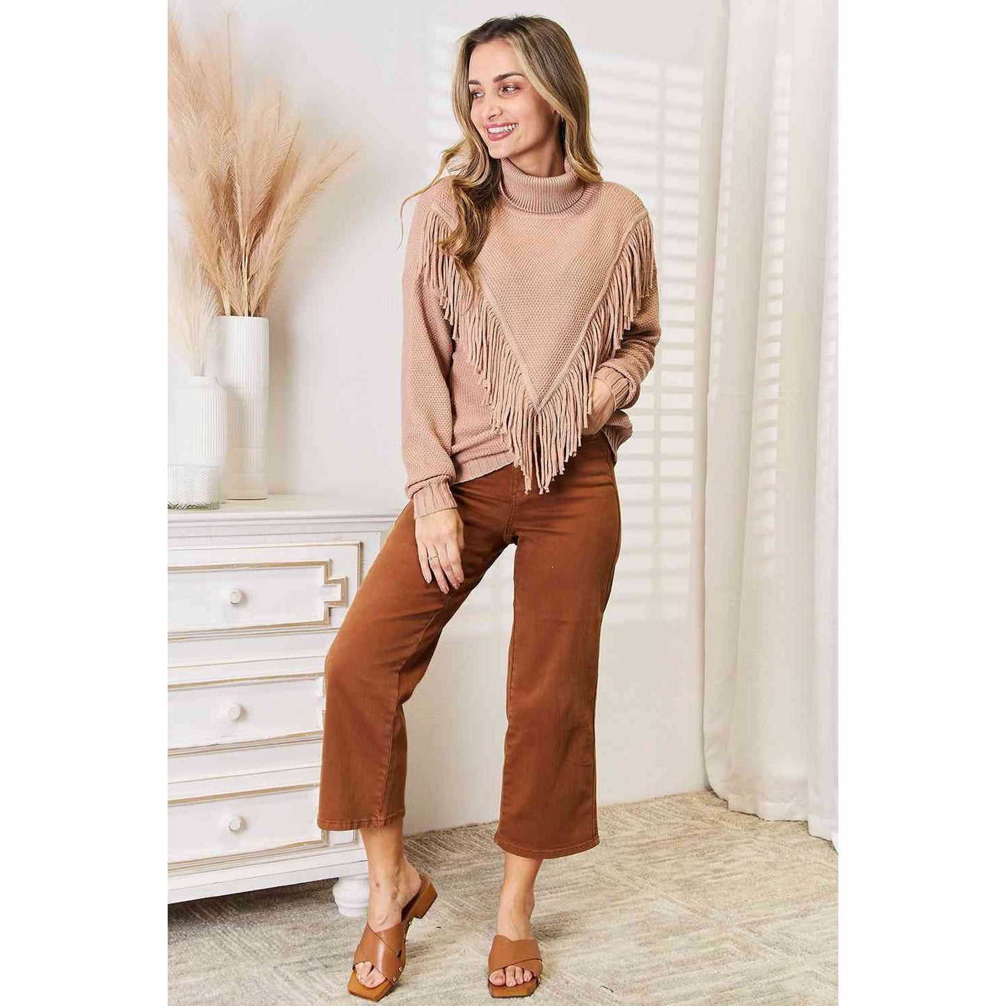Woven Right Turtleneck Fringe Front Long Sleeve Sweater