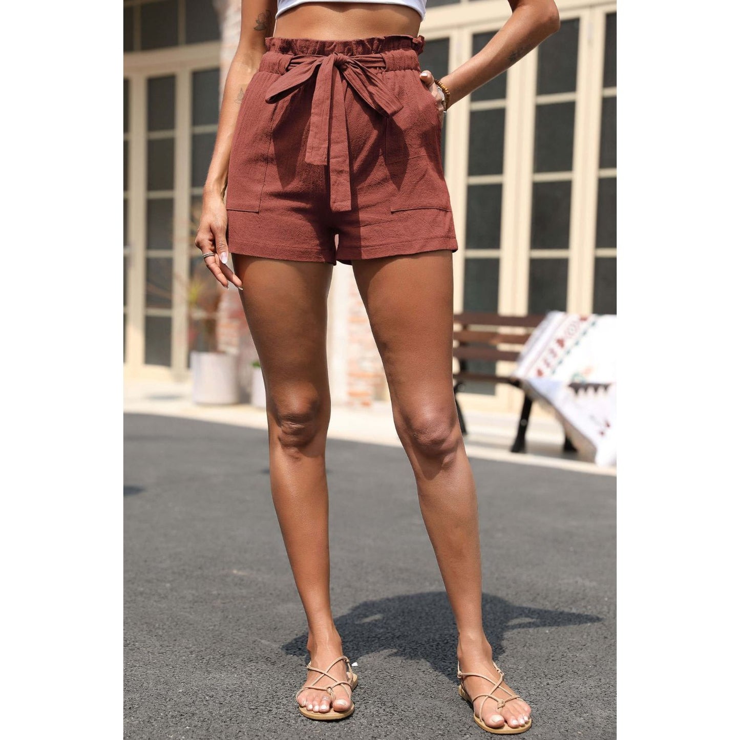 Drawstring Paperbag Waist Shorts with Pockets