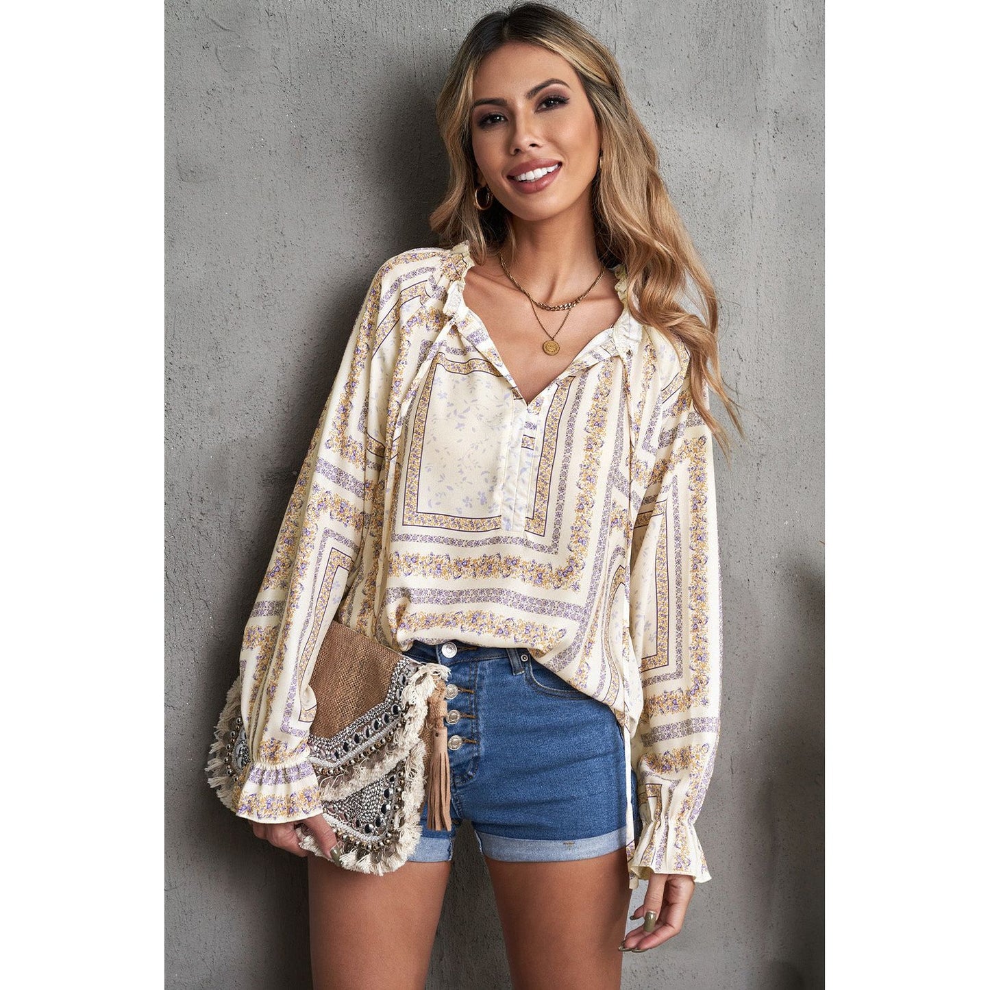 Printed Flounce Sleeve Ruffled Neck Blouse