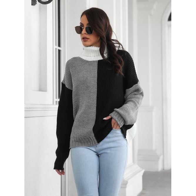 Contrast Turtleneck Long Sleeve Sweater