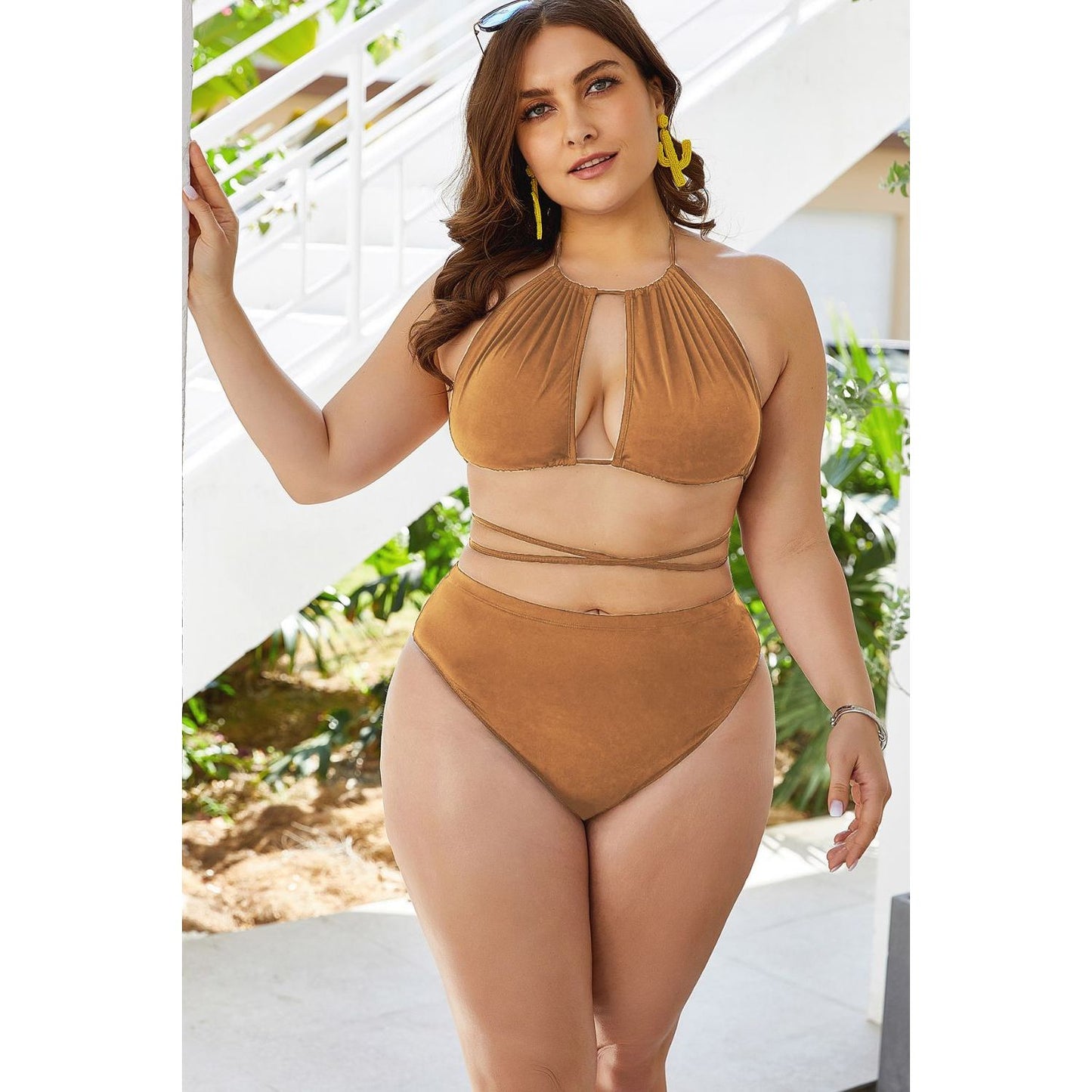 Plus Size Cutout Tied Backless Bikini Set