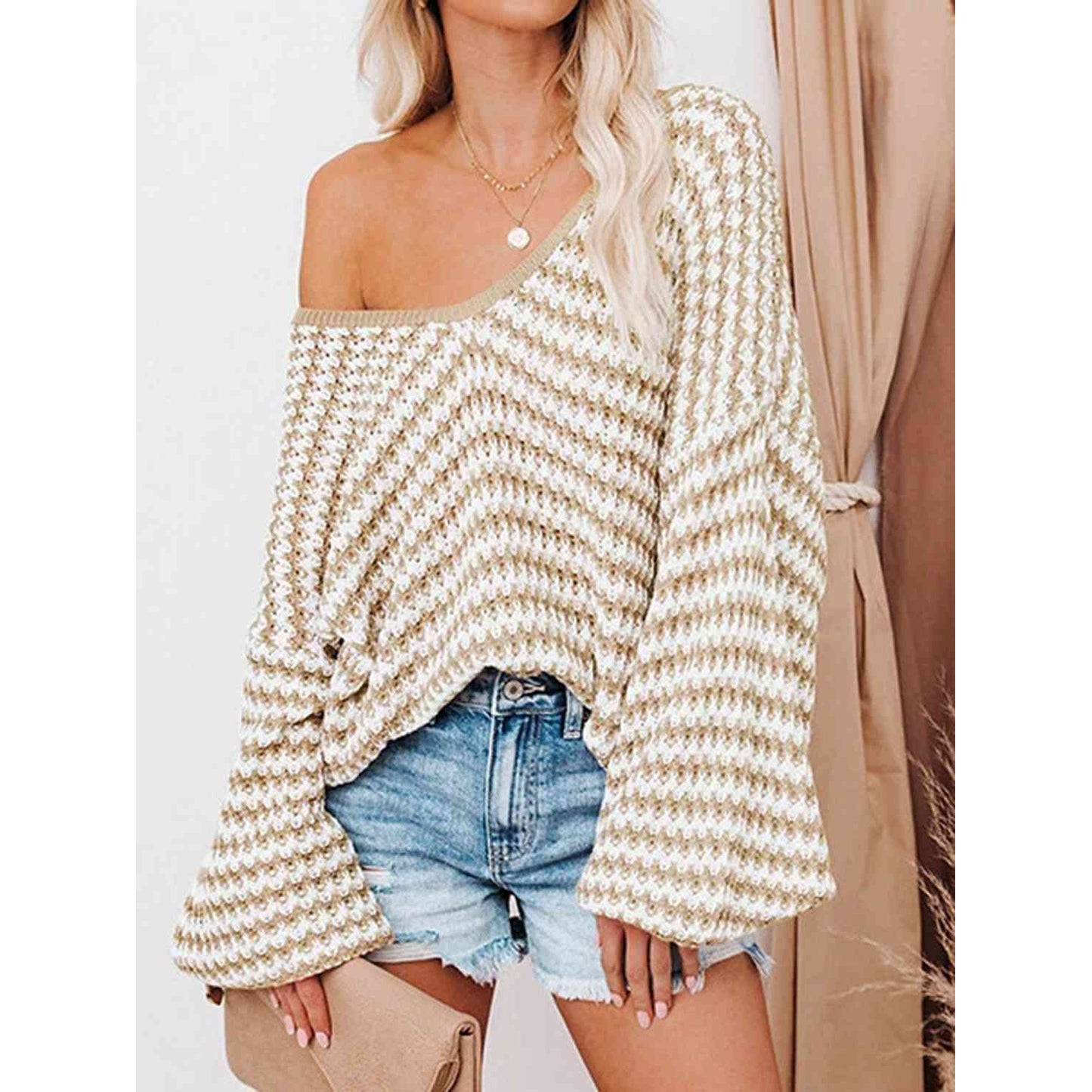 Striped Drop Shoulder V-Neck Sweater
