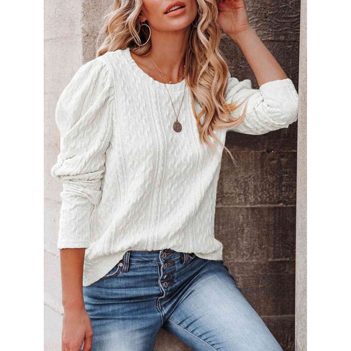 Round Neck Puff Sleeve Knit Top