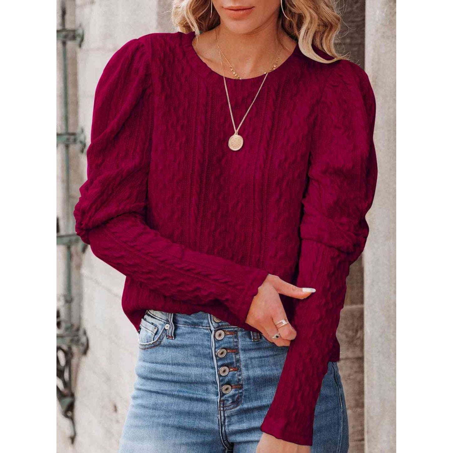Round Neck Puff Sleeve Knit Top
