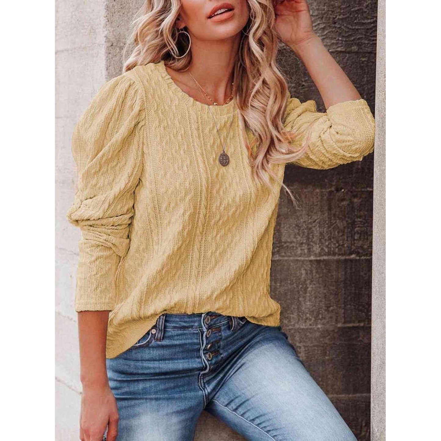 Round Neck Puff Sleeve Knit Top