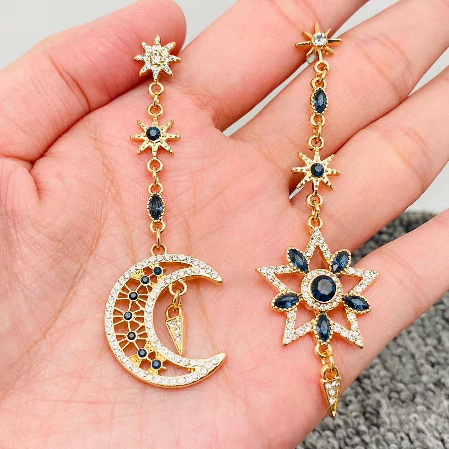 Sparkling Cubic Zirconia Star Moon Asymmetric Earrings