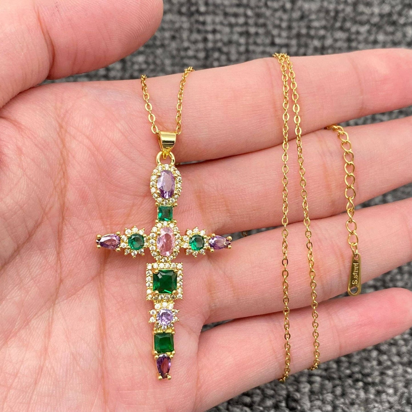 Multi Style Rhinestone & CZ Cross Charm Golden Necklace