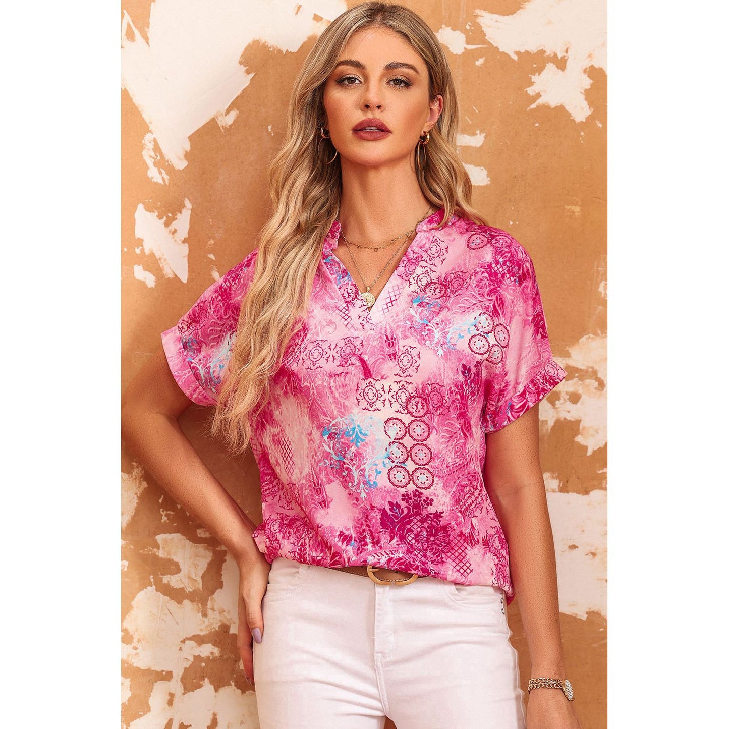 Floral Notched Neck Short Sleeve Top