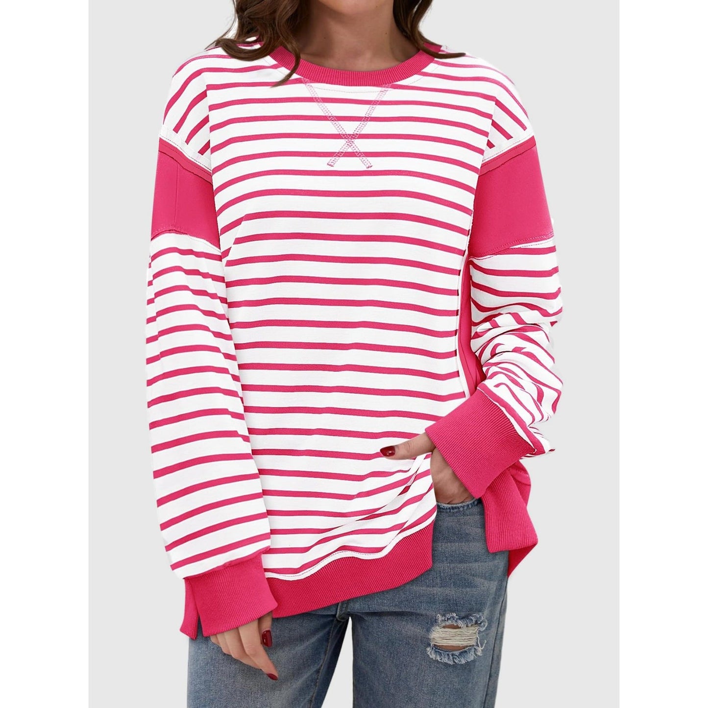 Slit Exposed Seam Striped Long Sleeve Sweatshirt