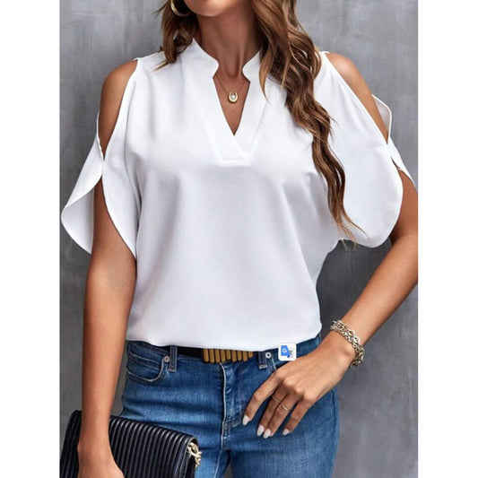 Notched Cold Shoulder Half Sleeve Blouse