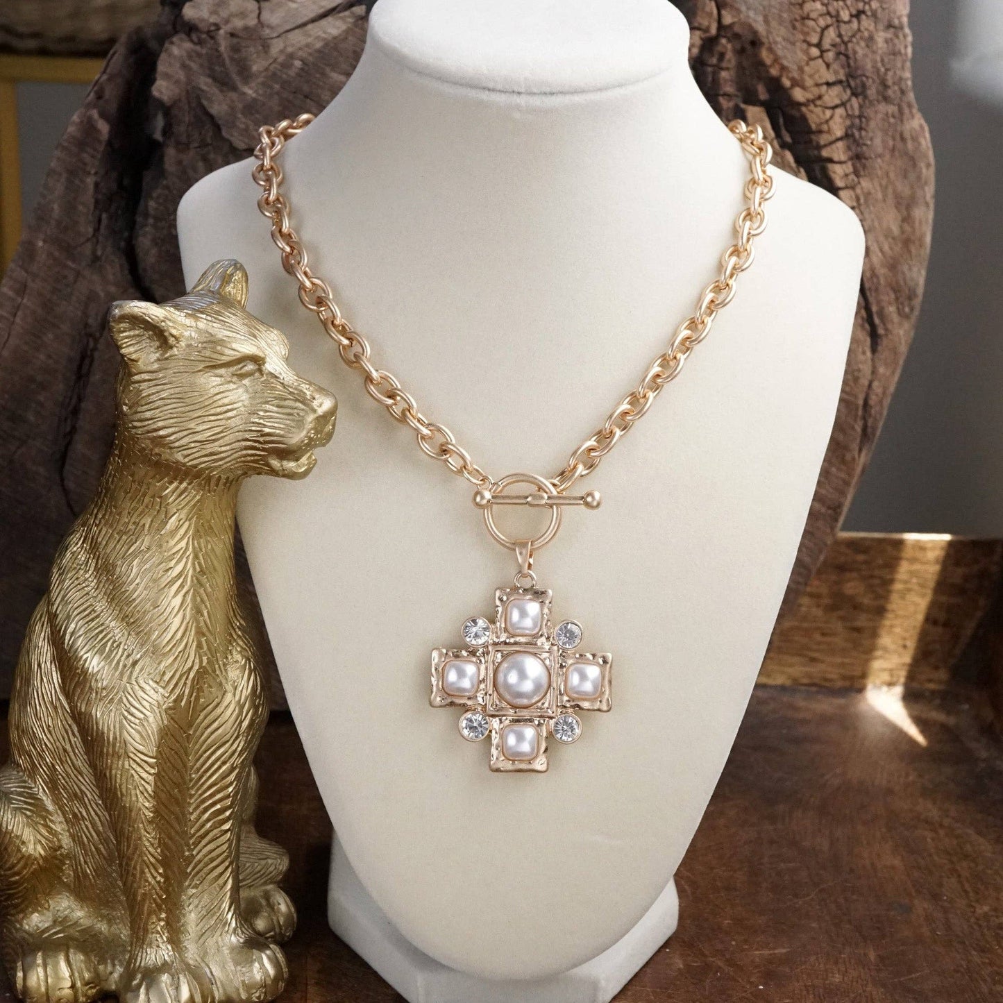 Divine Gleam – Hammered Cross Toggle Bracelet with Pearls & Crystals