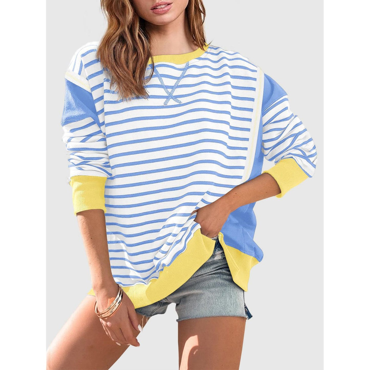 Slit Exposed Seam Striped Long Sleeve Sweatshirt