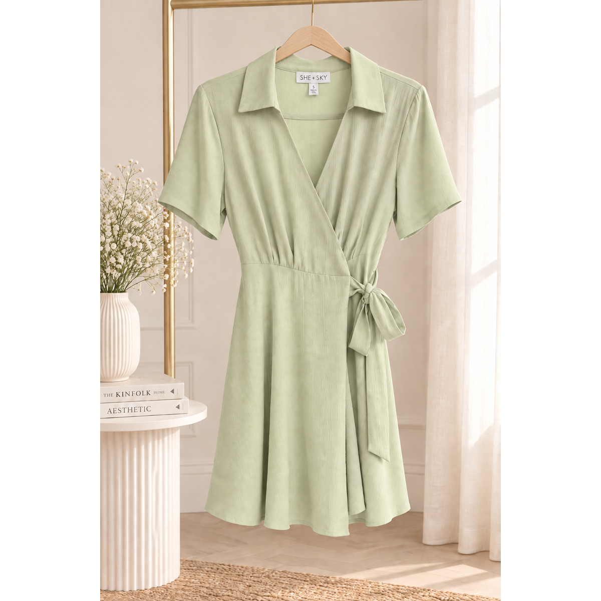 Sage Green Textured Wrap Midi Dress