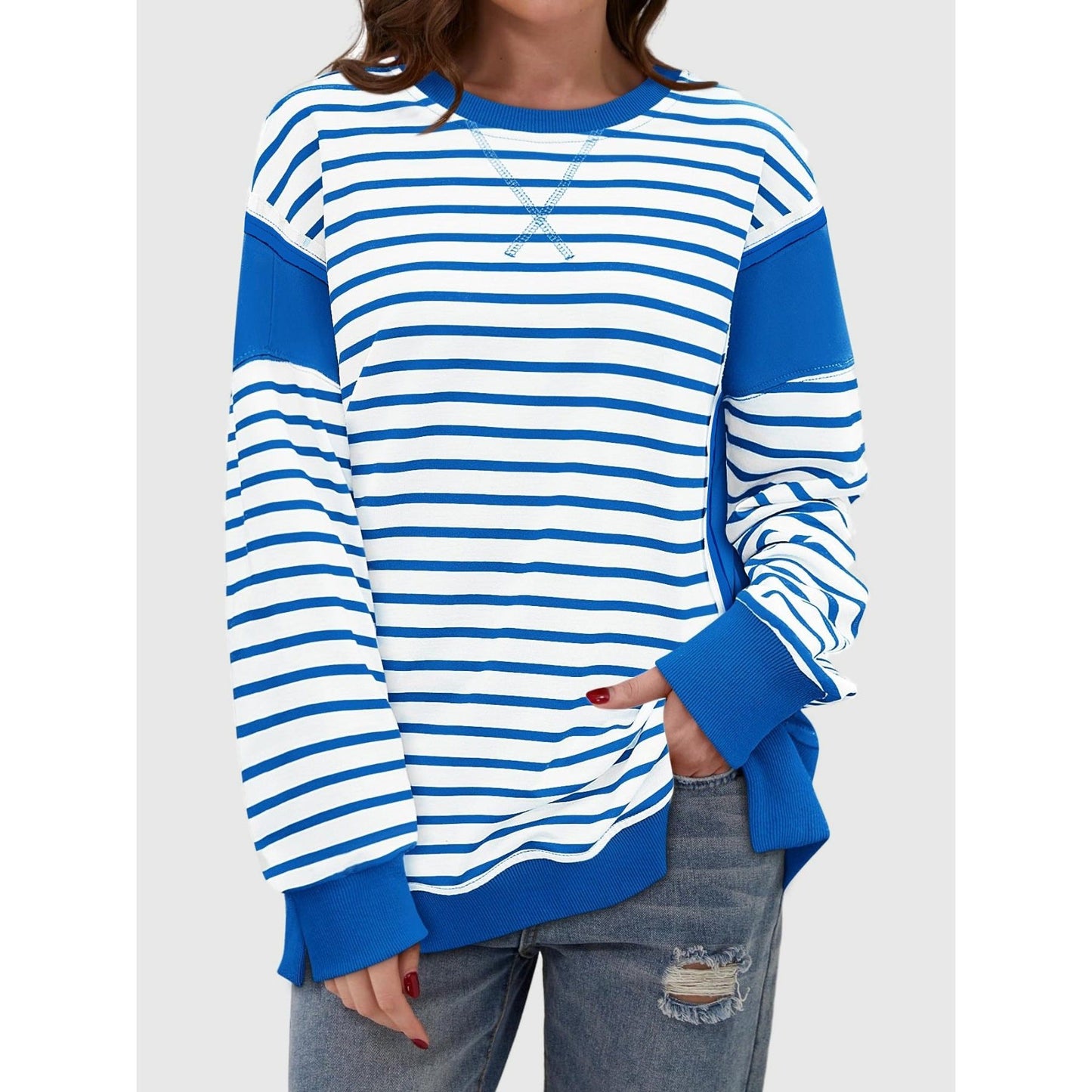 Slit Exposed Seam Striped Long Sleeve Sweatshirt