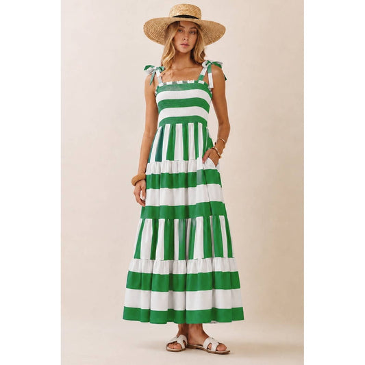 Stripe Tiered Maxi Smocked Top Dress
