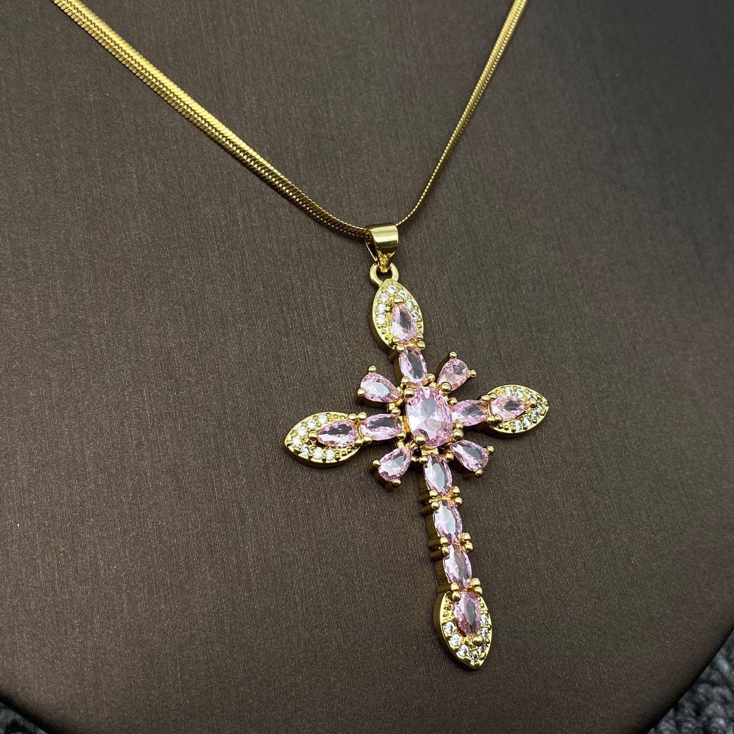 Sparkling Zircon Cross Charm Gold Plated Necklace