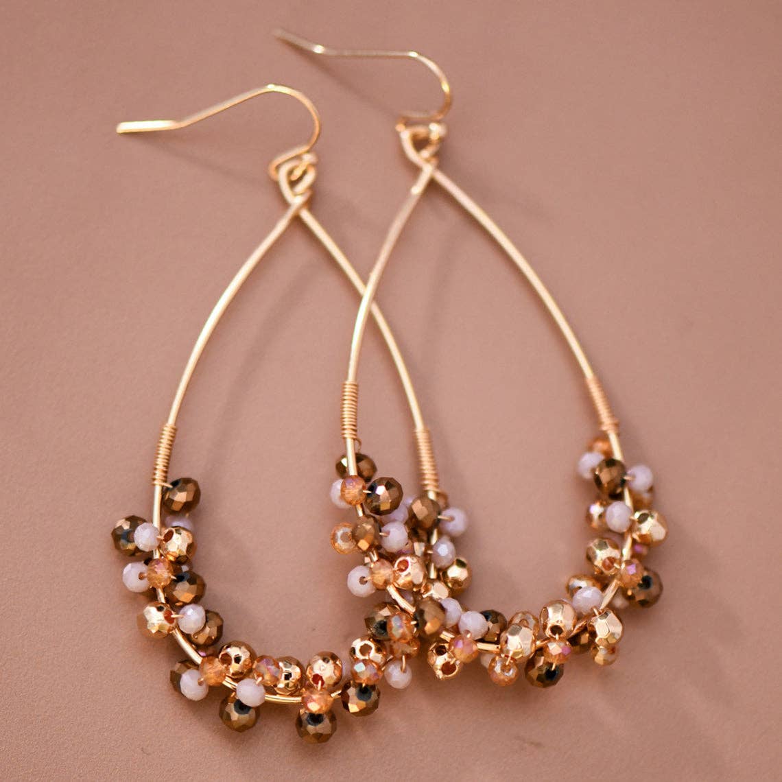 Gold Plated Wire Wrapped Beaded Teardrop Earrings