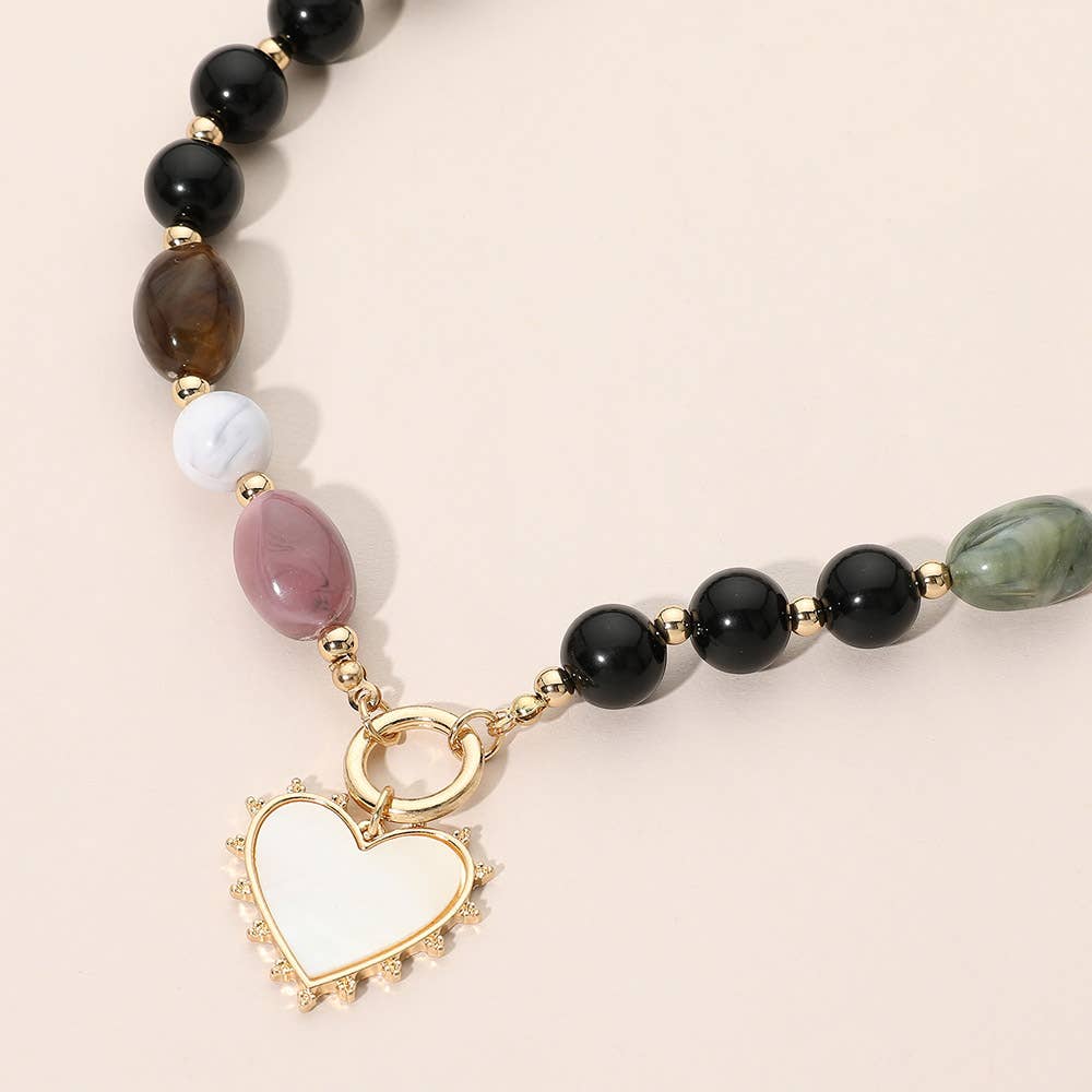 Heart Pendant Ring Accent Mixed Bead Necklace