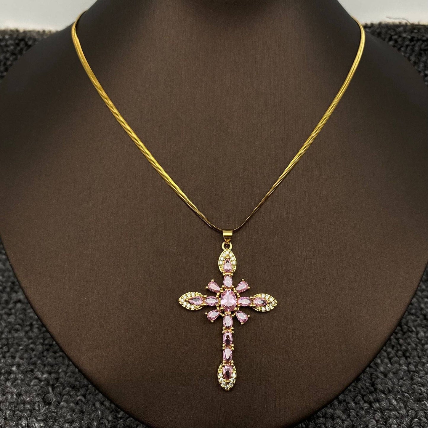 Sparkling Zircon Cross Charm Gold Plated Necklace