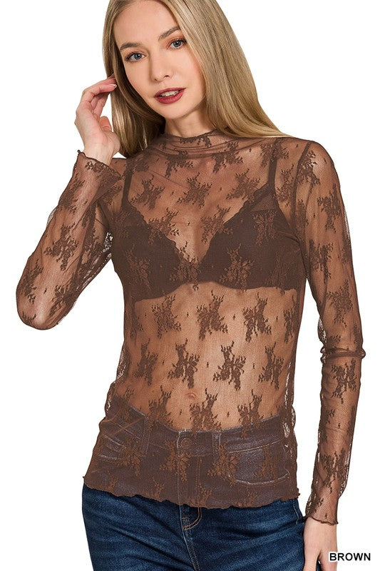 Brown Lace Sheer Top