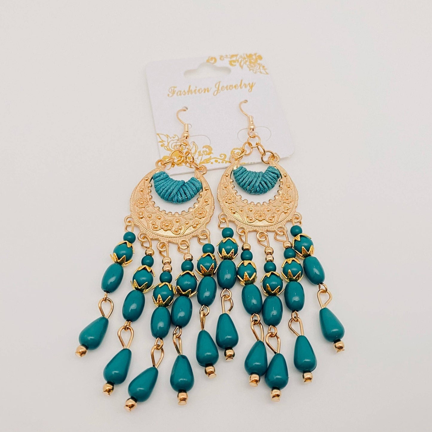 Beaded Tassel Crescent Earrings