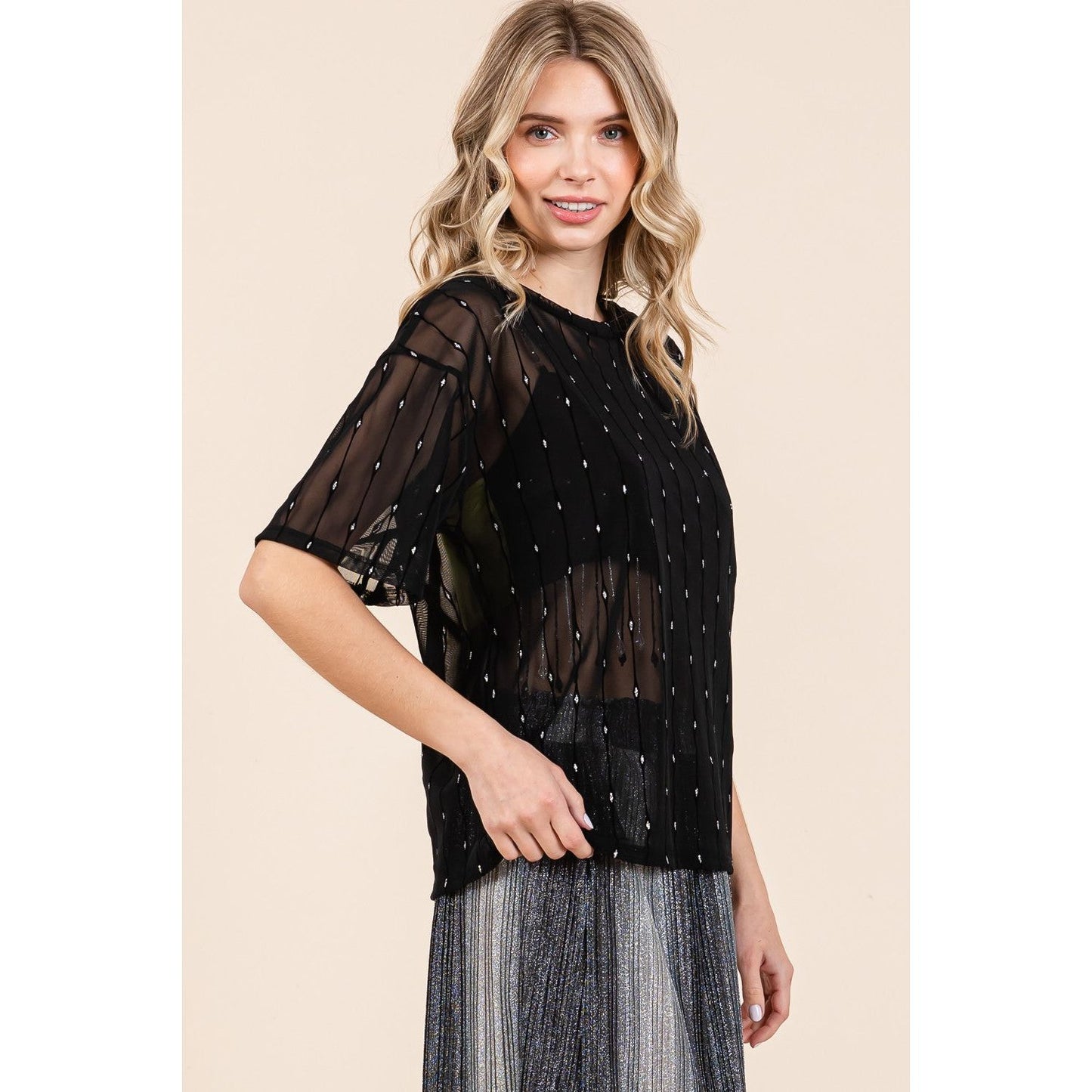 GeeGee Round Neck Drop Shoulder Mesh Glitter Top