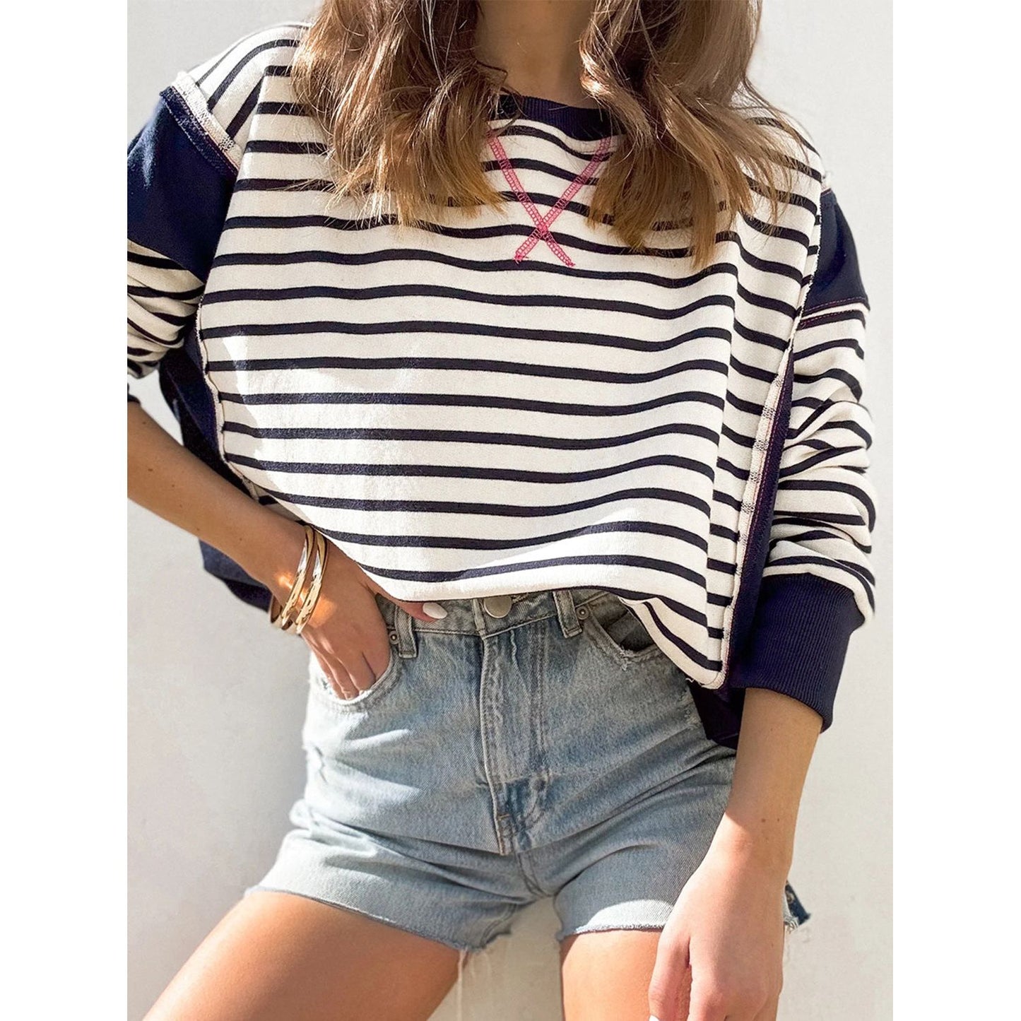 Slit Exposed Seam Striped Long Sleeve Sweatshirt