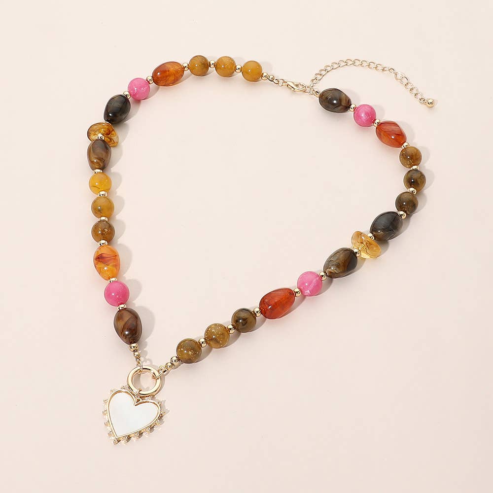Heart Pendant Ring Accent Mixed Bead Necklace