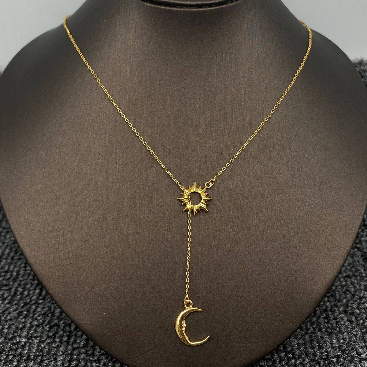 18K Gold Plated Sun Moon Lariat Necklace