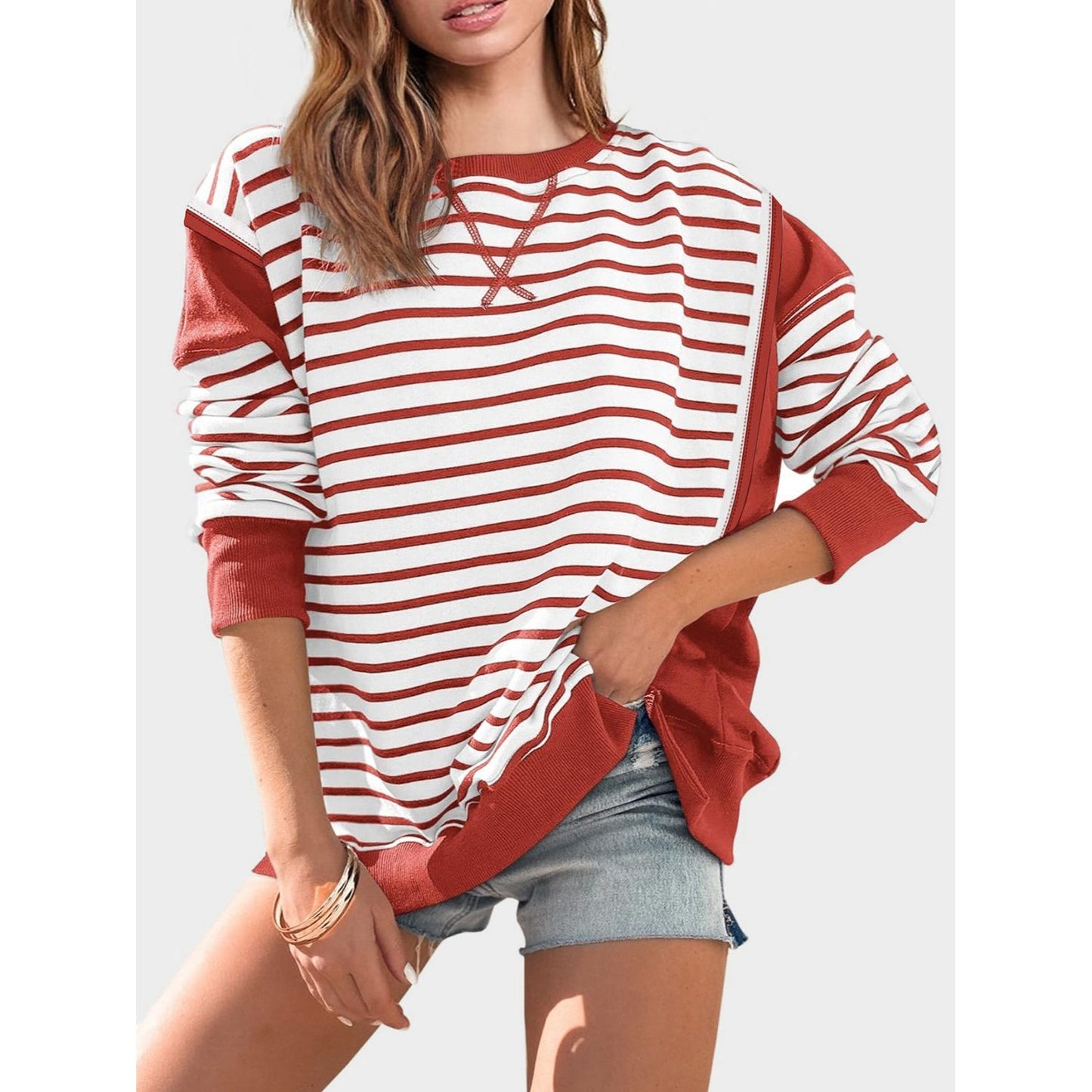 Slit Exposed Seam Striped Long Sleeve Sweatshirt