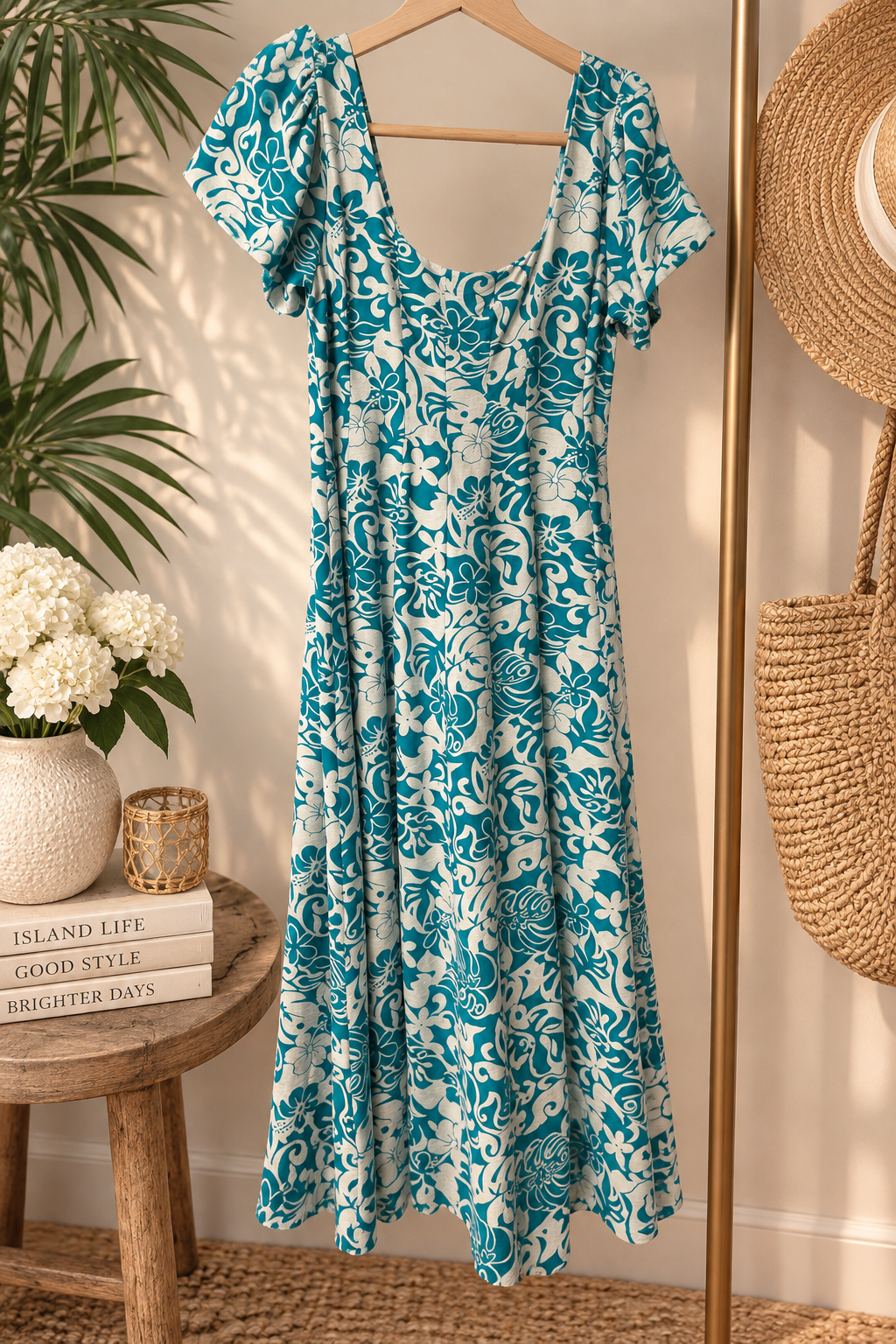 Tropical Floral Puff Sleeve Midi Dress