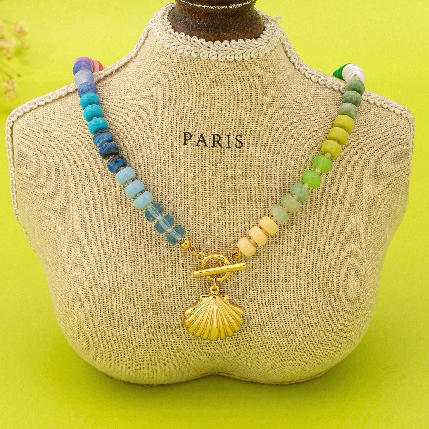 Rainbow Beaded Seashell Charm Necklace