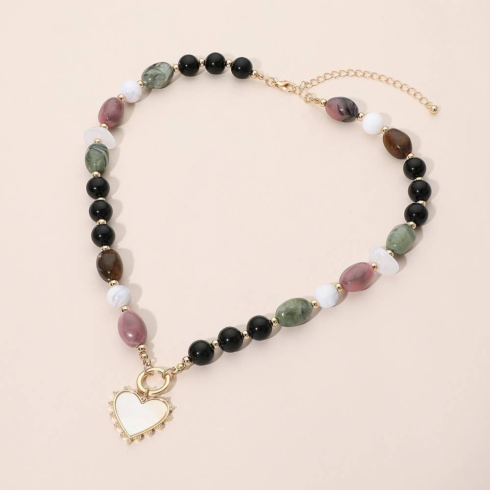 Heart Pendant Ring Accent Mixed Bead Necklace