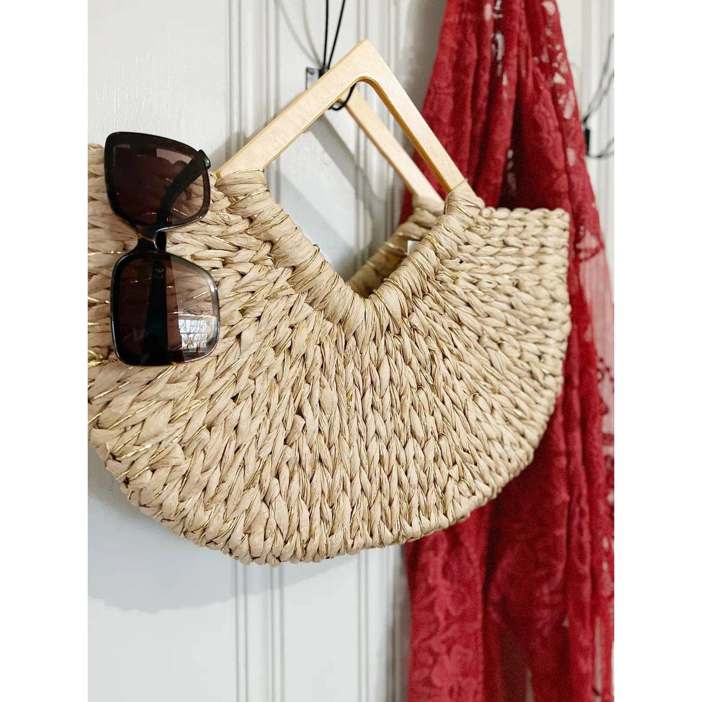 Isabella Wooden Handle Straw Tote Bag