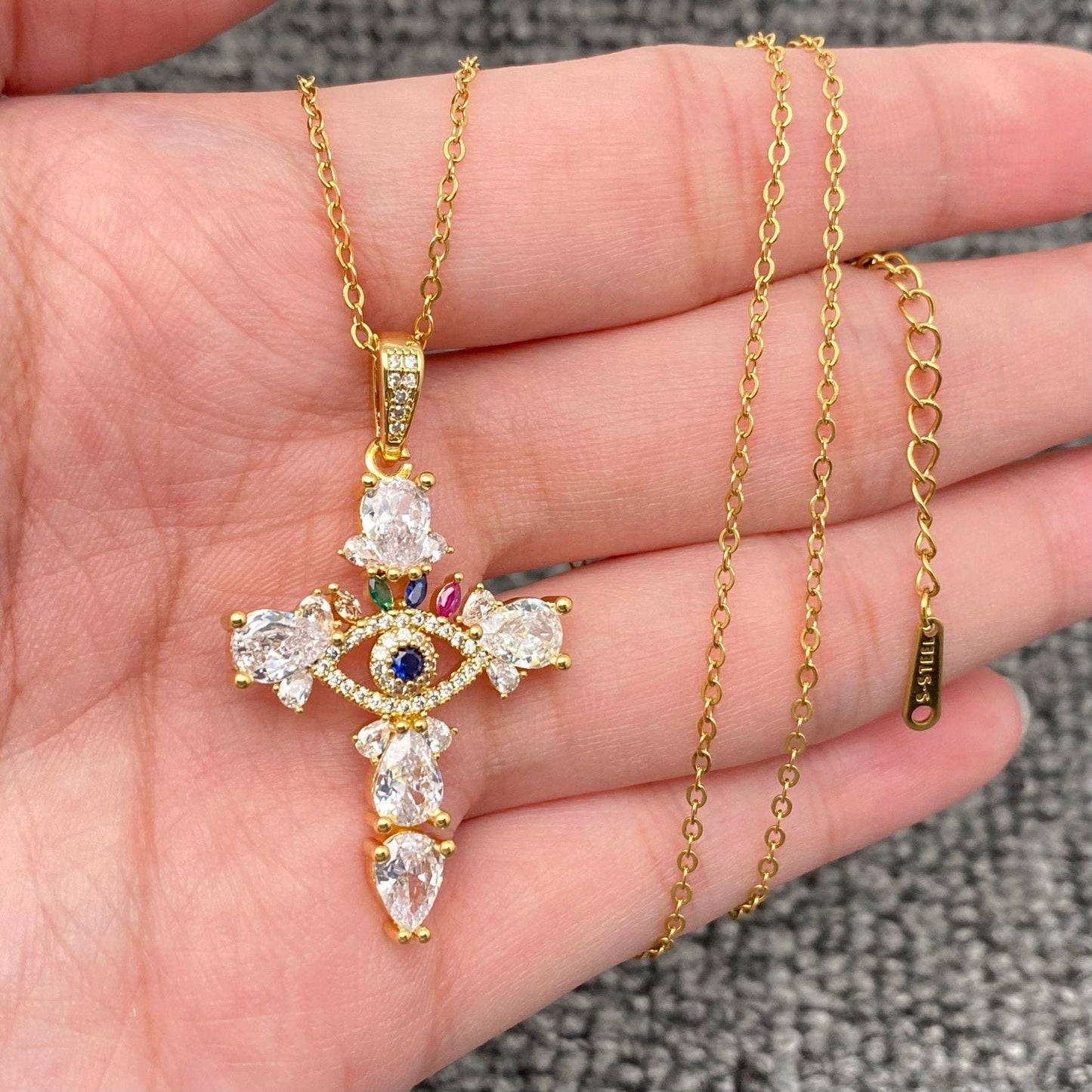 Multi Style Rhinestone & CZ Cross Charm Golden Necklace