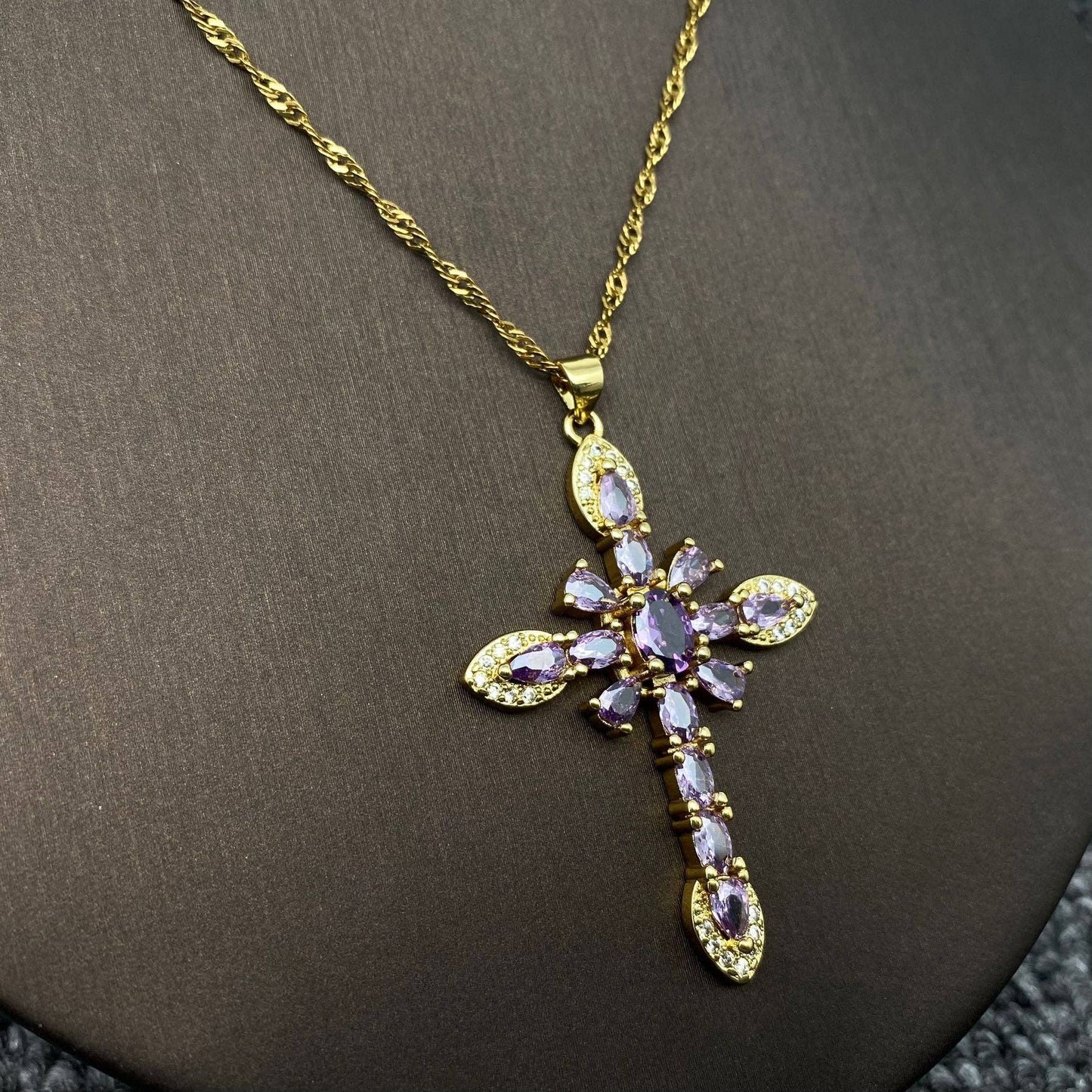 Sparkling Zircon Cross Charm Gold Plated Necklace