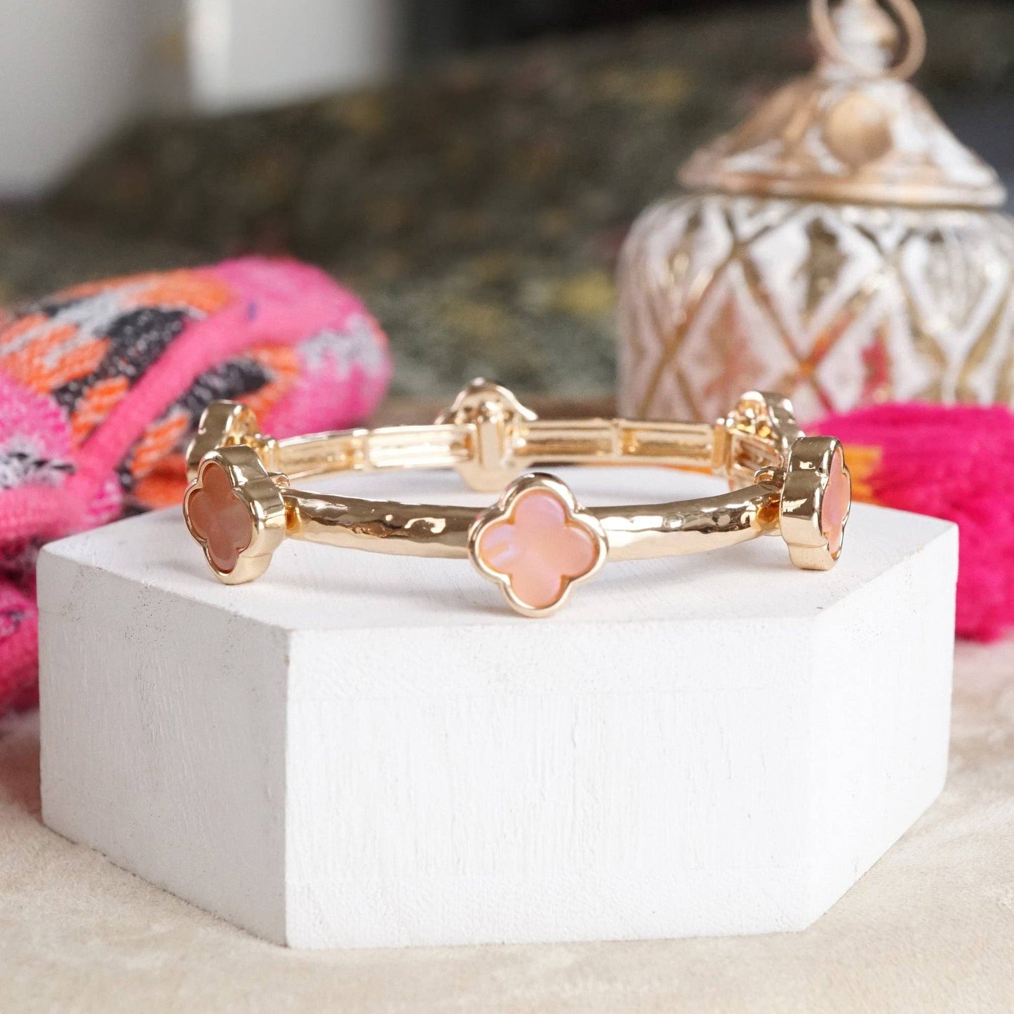 Clover Stretchy Bangle Bracelet – White, Pink, Tortoise