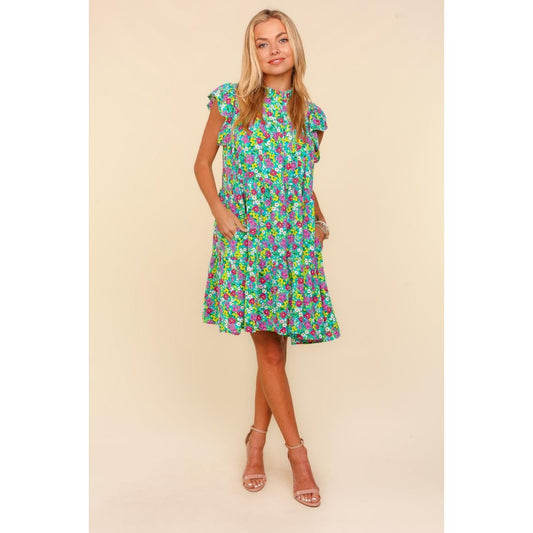 Haptics Frilled Mock Neck Ditsy Floral Dress